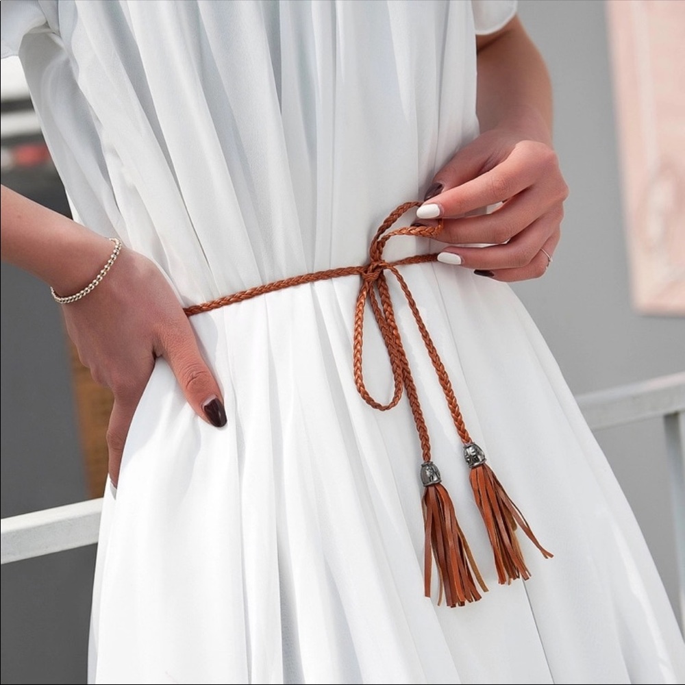 Thin Brown Leather Belt with Fringe/Tassel Braided